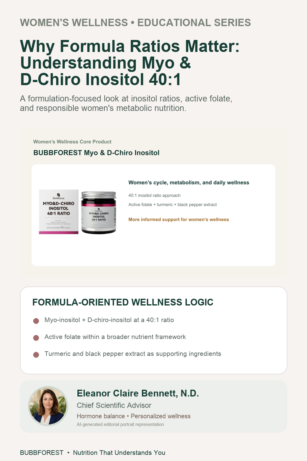 AI-assisted BubbForest educational infographic about Myo and D-Chiro Inositol formula ratios.